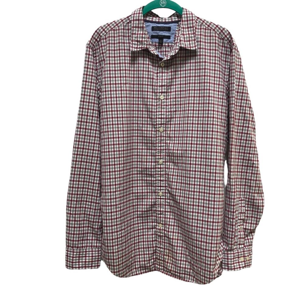 Banana Republic men’s gray and scarlet plaid shirt, L